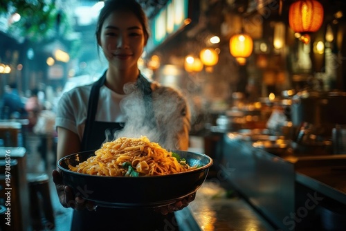 Wallpaper Mural Hands holding a steaming bowl of noodles in a warm lantern-lit street food stall, inviting aroma and cozy bustling evening atmosphere Torontodigital.ca