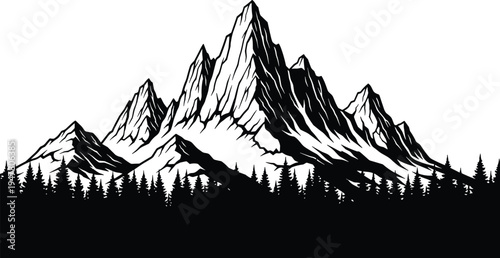 Majestic snowcapped mountain range towering above dense pine forest silhouette in dramatic black and white wilderness landscape illustration for nature design