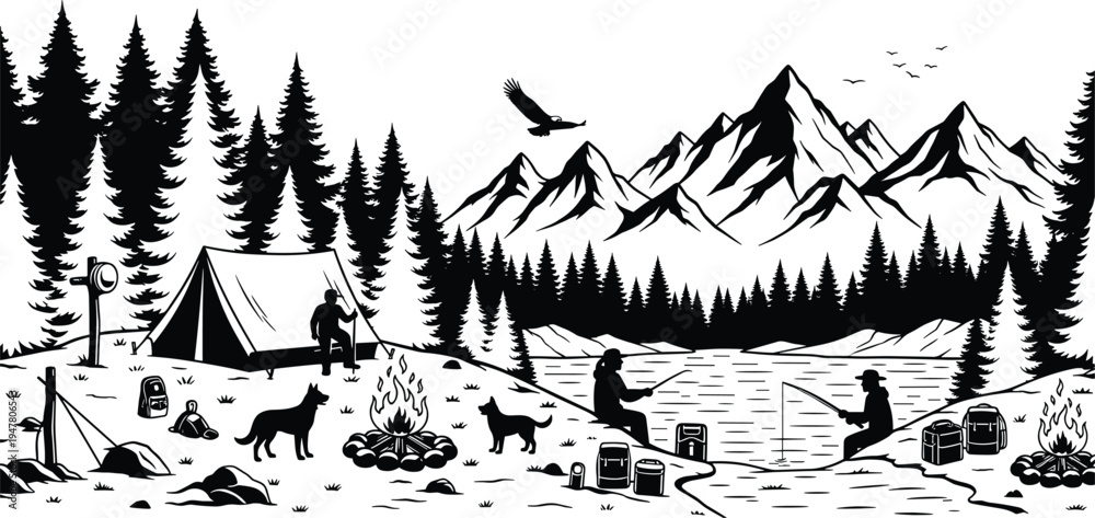 Fototapeta premium Mountain camping and fishing scene silhouette with tent, campfire, lake, forest and hikers in wilderness landscape adventure vector illustration