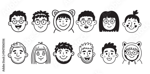 Funny cartoon faces of kids and children avatars wearing hoodies and glasses