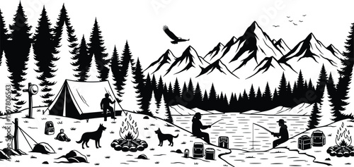 Mountain camping and fishing scene silhouette with tent, campfire, lake, forest and hikers in wilderness landscape adventure vector illustration