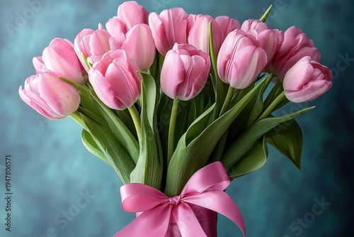 Wallpaper Mural elegant bouquet of pink tulips with lush green leaves tied with a satin pink bow against a soft teal background, fresh romantic and serene Torontodigital.ca