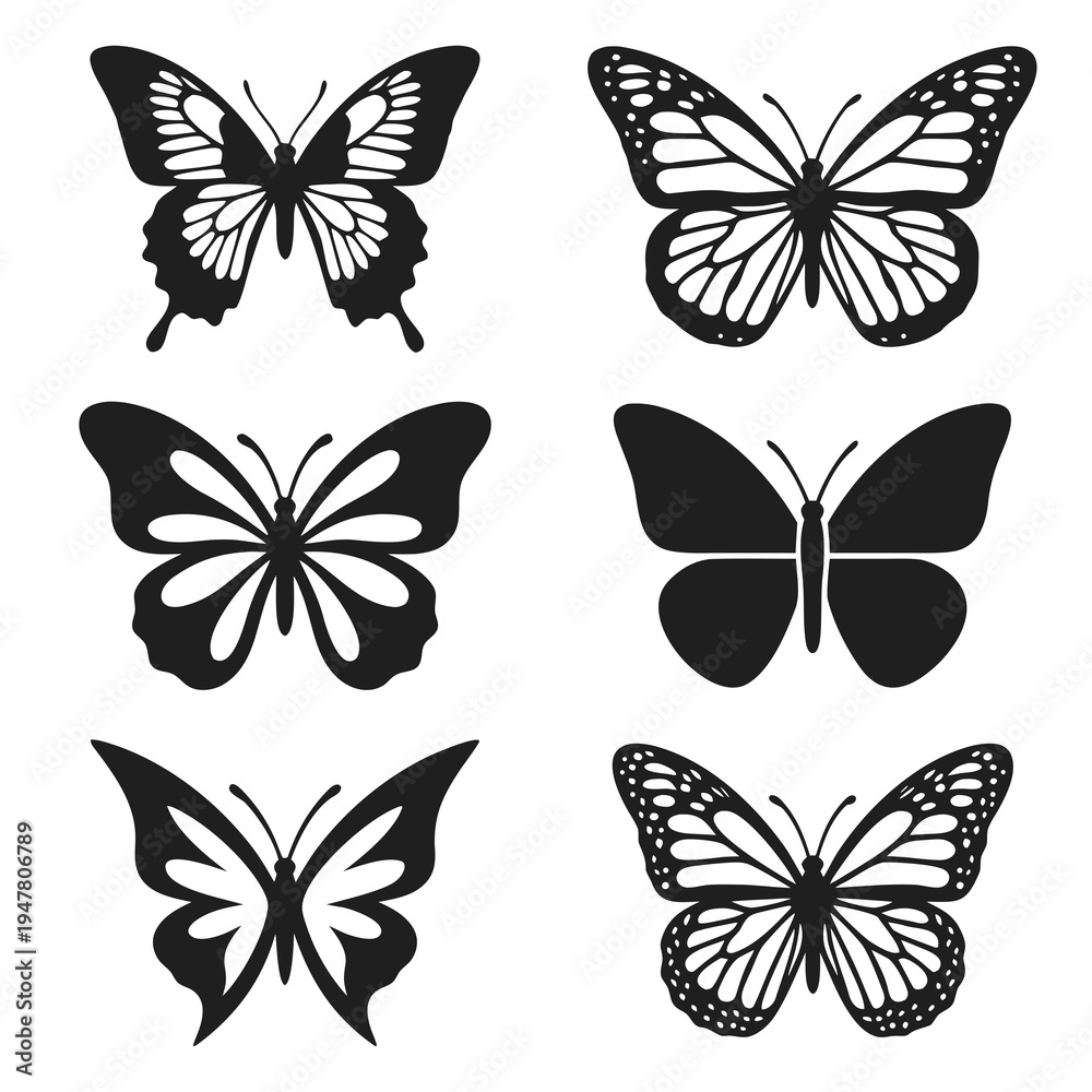 Obraz premium Butterfly Silhouette Vector Set with Detailed Wing Patterns for Laser Cutting, Tattoo Design, Logo Branding, Vinyl Decals and DIY Craft Projects