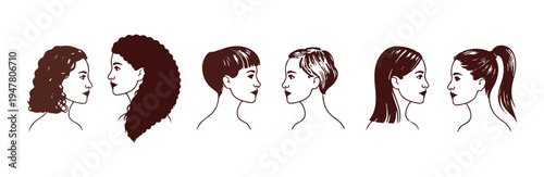 Set of side profiles with various hairstyles from short bob to long curly dark brown hair