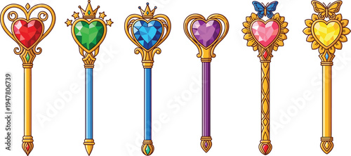 Magical Wand Illustration Set Featuring Heart-Shaped and Jewel-Studded Wands for Fantasy, Magic, and Enchantment Designs