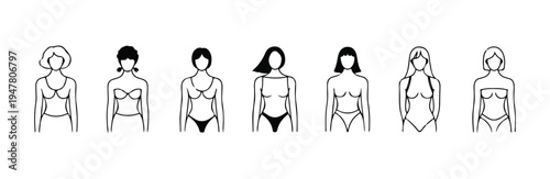Female body types in swimsuits vector illustration simple line art style