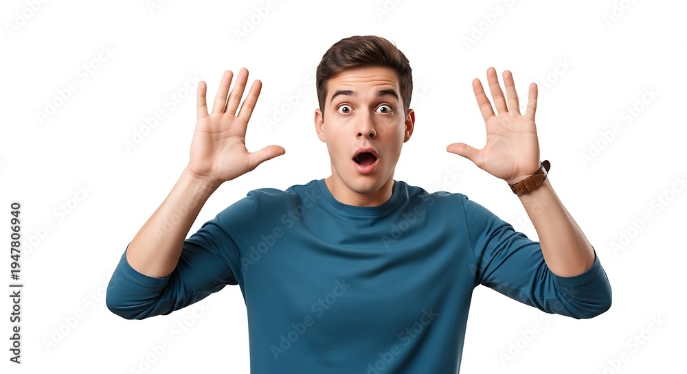 Fototapeta premium Surprised young man holding hands up with open mouth against white background