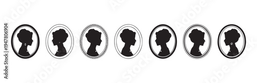 Set of classic vintage cameo silhouette portraits of elegant lady in various oval frames art