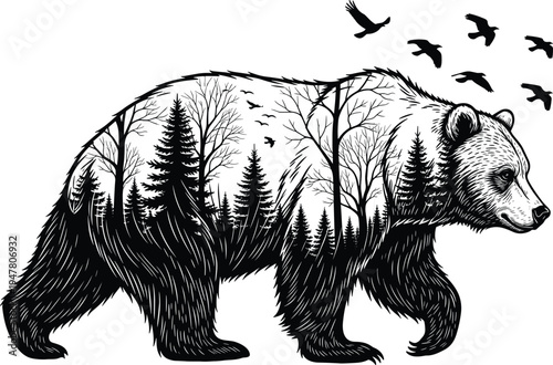 Wild bear double exposure silhouette with forest trees and flying birds representing wilderness wildlife nature ecosystem artistic illustration design