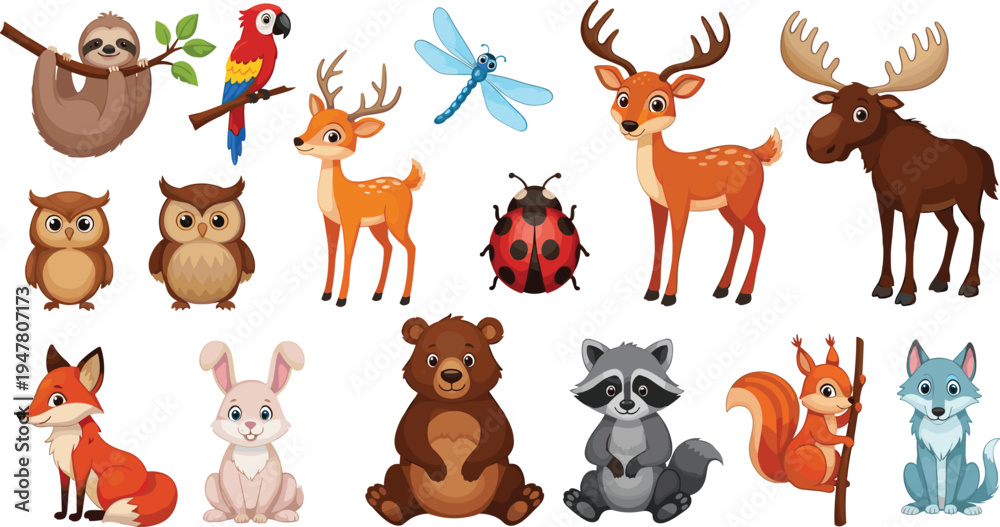 Fototapeta premium Cute Woodland Forest Animals Cartoon Collection with Bear Deer and Fox
