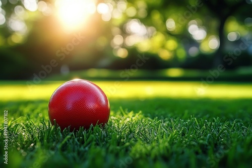 Wallpaper Mural Red play ball resting on vibrant green grass in a sunlit park, evoking a peaceful, playful summer afternoon Torontodigital.ca