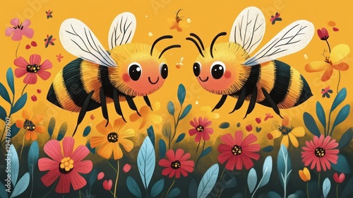Wallpaper Mural Two smiling bumblebees hovering above pink and yellow wildflowers with teal leaves, tiny insects and pollen in a warm golden whimsical meadow Torontodigital.ca