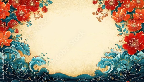 Wallpaper Mural ornate decorative frame of red blossoms and swirling teal ocean waves around a warm beige center, elegant and serene floral and water motif Torontodigital.ca