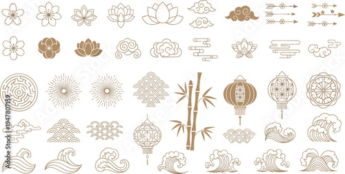 Traditional Asian decorative elements collection with clouds waves lotus lantern bamboo arrows and ornamental patterns vector set