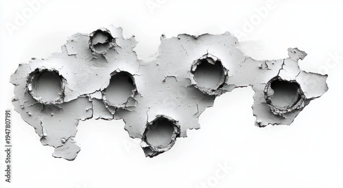 Wallpaper Mural six rough circular holes in peeling white plaster with cracked edges and deep cavities, stark high-contrast texture conveying decay and desolation Torontodigital.ca