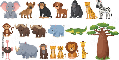 Cute Cartoon Safari Animals Set with Elephant Lion Zebra Giraffe Crocodile Rhino Hippo Monkey and Baobab Tree
