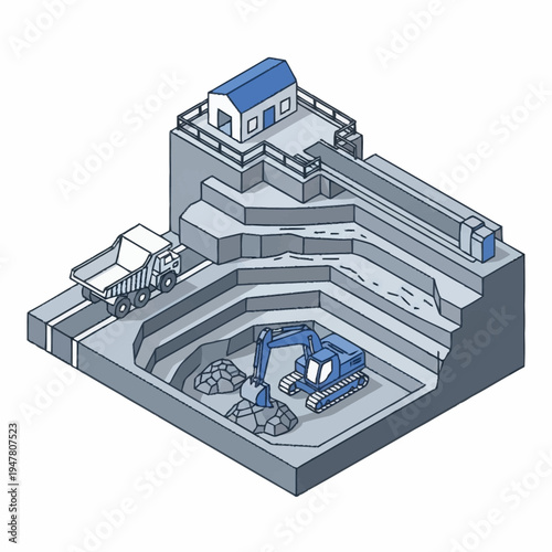 Isometric illustration of a quarry with heavy machinery and a building.