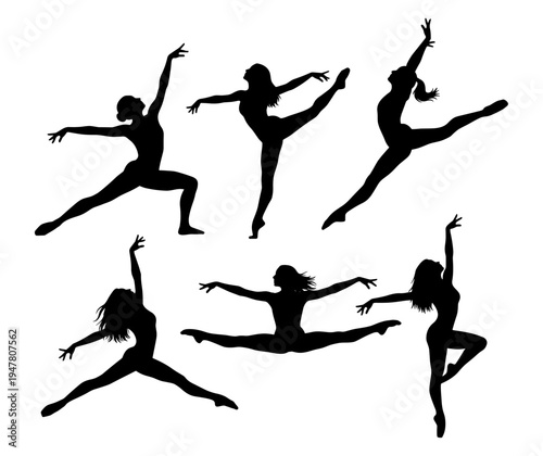 Collection of female dancer silhouettes in different dynamic dance poses. Black silhouette dancers jumping, stretching, and performing artistic movements