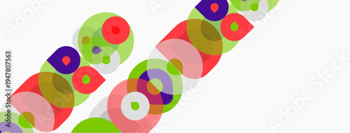 Abstract colorful circles overlap diagonally. Bright hues create dynamic visual pattern. Simple shapes suggest modern design elements.