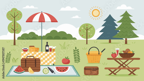 Enjoying a delightful outdoor picnic spread with food, drinks, and recreational items on a checkered blanket under a sunny sky, set in a picturesque park with trees and greenery