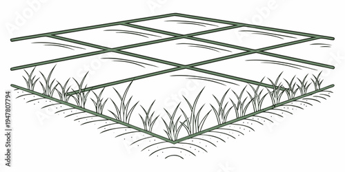 A green metal grid on the ground with grass growing underneath Vector