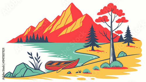 A red canoe on a lake with a mountain range in the background Vector