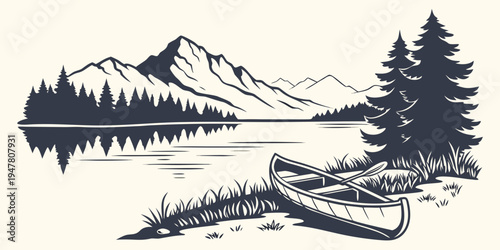 A canoe sitting on the shore of a lake with mountains in the background Vector
