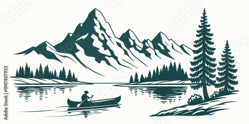 A person in a canoe on a lake with mountains and trees Vector