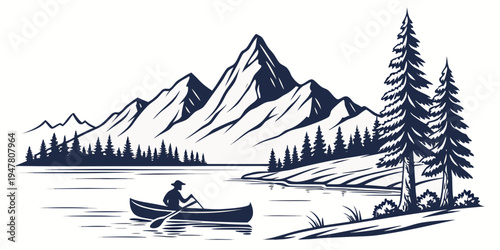 A man in a canoe on a lake with mountains in the background Vector