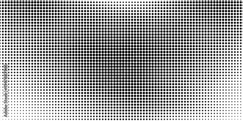 Black and white halftone vector background. Monochrome dotted texture for retro overlay. Modern halftone banner template. Vintage pattern. Dot patch stain on transparent background. Grungy texture