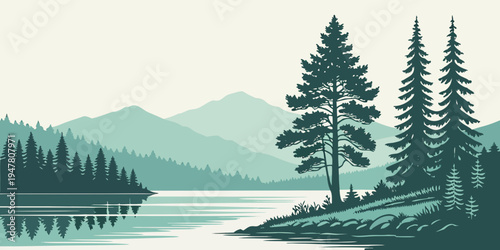 A serene lake scene with trees and mountains Vector