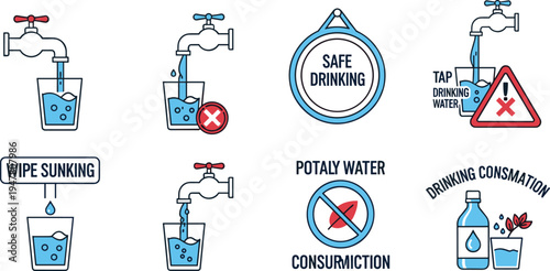 Safe Drinking Water and Tap Water Icon Set with Faucet, Glass, Warning Signs and Clean Water Consumption Vector Illustration
