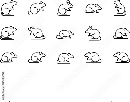 Set of fifteen cartoon mouse illustrations in different poses and orientations for animal study and playful vector design projects