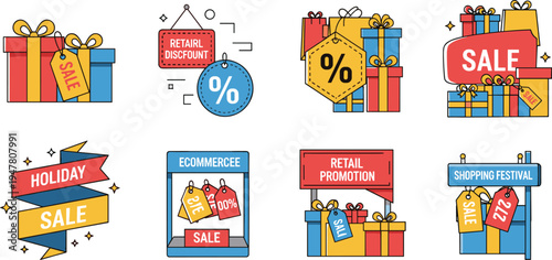 Retail Sale and Discount Illustration Set Featuring Gift Boxes, Percentage Tags, and Promotional Signs for Holiday, Shopping, and E-commerce Designs