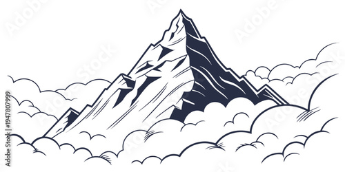 A majestic mountain peak rising above the clouds Vector