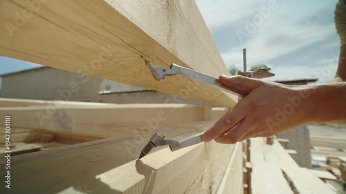 The process of assembling a wooden house from timber. Details