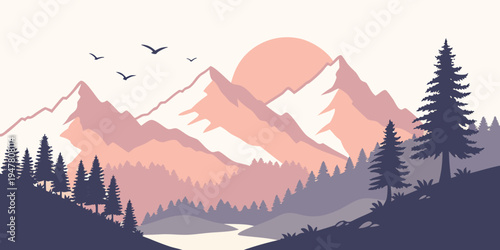 A serene mountain landscape with trees and a lake Vector