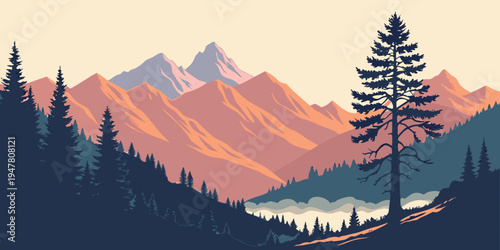 A scenic mountain landscape with a lake and trees Vector