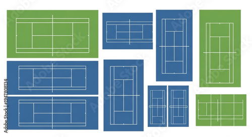 Collection of Tennis Court Layouts in Various Orientations and Colors.