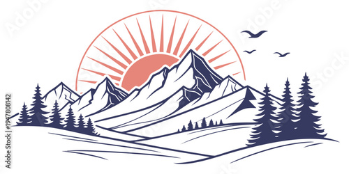 A mountain range with trees and birds at sunrise Vector