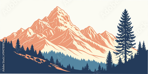 A mountain range with a tree on the right side Vector