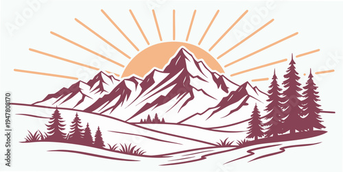 A mountain landscape with trees and a sun Vector