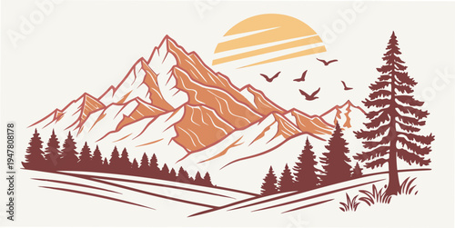 A mountain range with trees and a sun Vector