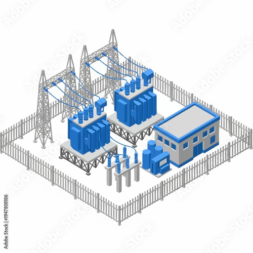 Isometric illustration of an electrical substation with transformers, power lines, and a control building.