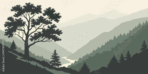 A tree on a hill overlooking mountains Vector