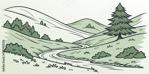 A drawing of a pine tree on a green hillside Vector
