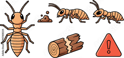 Termite and Wood Damage Illustration Set Featuring Termites, Infested Wood, and Warning Signs for Pest Control, Home Protection, and Environmental Designs