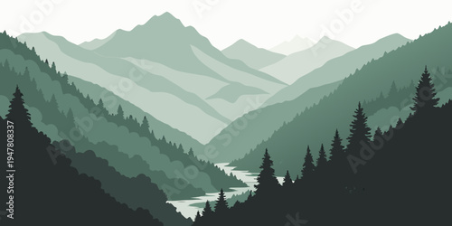 A serene mountain landscape with a winding road Vector