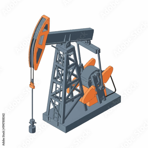 Isometric illustration of an oil pump jack, a machine used to extract crude oil from an oil well, on a white background.