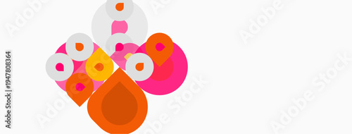 Abstract shapes, pinks, oranges, whites create playful composition. Minimalist design, clean lines, modern aesthetic. Simple geometry dominates image.